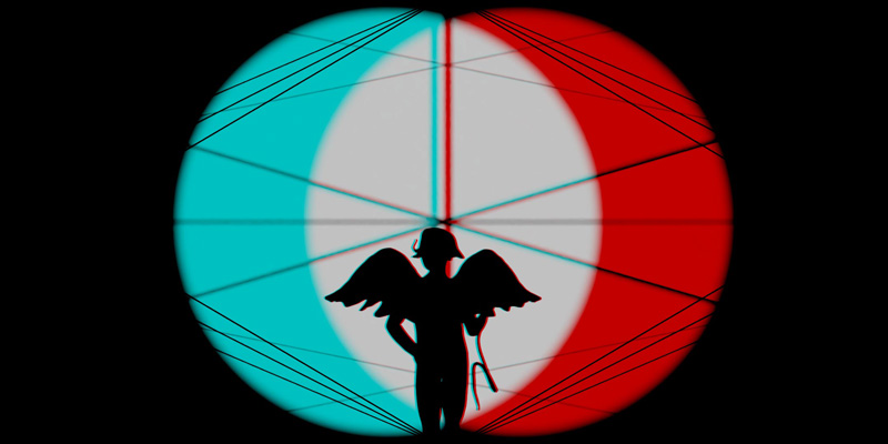 In allusion to Oskar Schlemmer, two spotlight beams emerging from both sides illuminate a sketchy backdrop of a peep-box stage and move towards Cupid, who is holding a snake writhing in his hand.